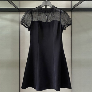 正品哥弟新款女装2022夏季职业中长款显瘦圆点网纱拼接短袖连衣裙