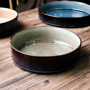 创意冰裂釉陶瓷圆盘 家用沙拉盘汤菜盘纯色盘子复古麻点盘子餐具