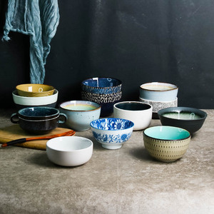 创意陶瓷米饭碗 家用吃饭碗喝粥碗甜品碗粗瓷复古碗冰裂釉碗餐具