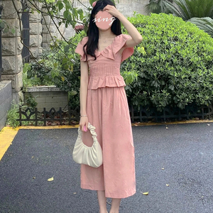 甜美成套搭配蜜桃粉小飞袖温柔上衣夏季两件套棉麻开叉半身裙套装