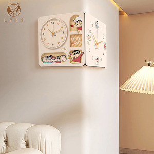 蜡笔小新客厅挂钟奶油风转角双面钟创意时钟壁灯家用静音钟表挂画