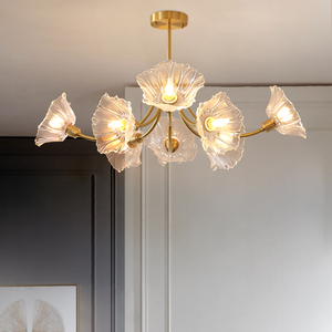 全铜客厅吊灯简约现代轻奢法式复古花朵玻璃灯创意美式卧室餐厅灯