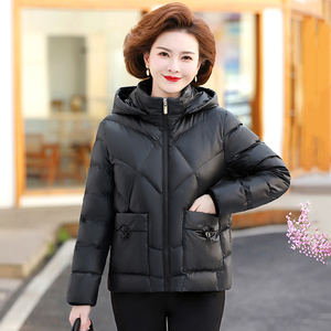 中老年妈妈短款亮面羽绒棉服女冬装新款加厚黑外套小棉袄中年棉衣
