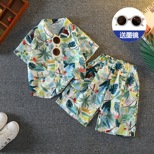 男童夏季沙滩短袖套装2024新款儿童旅游度假夏威夷岛服宝宝花衬衫
