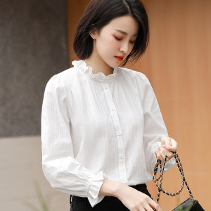 公主风木耳领白衬衫女长袖2022春装新款韩版轻熟风宽松纯棉衬衣