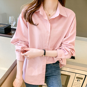 初影粉色衬衫女长袖2021年春季新款甜美气质淑女韩版休闲纯棉衬衣