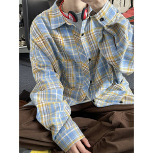 黄蓝格子衬衫男高级感小众潮牌格纹长袖衬衣春秋美式cleanfit外套
