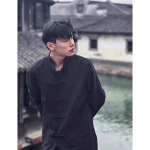 新中式男装中国风黑色衬衫男盘扣改良版汉服长袖衬衣痞帅唐装外套