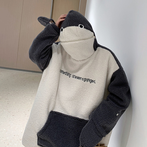自闭鲨鱼羊羔毛外套男高级感连帽卫衣oversize潮牌痞帅炸街上衣冬