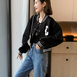 jovkatti黑色外套女春秋2022年新款爆款潮短款上衣工装夹克棒球服