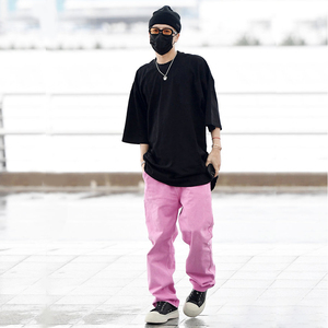 明星王嘉尔同款裤子新款代言粉色长裤潮牌直筒男女宽松牛仔裤秋冬