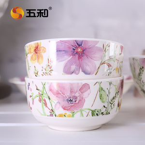 五和日式密胺面碗花卉图案5英寸碗家用仿瓷餐具耐高温易清洁保鲜