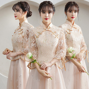 中式伴娘服香槟色2021新款高级感小众蕾丝秀禾服姐妹团晚礼服裙女