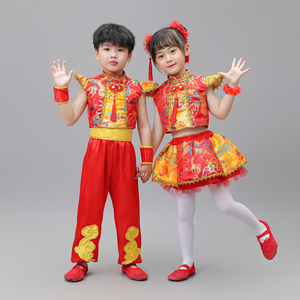 六一儿童节太平女儿鼓演出服幼儿园说唱中国红小梦娃打鼓表演服装