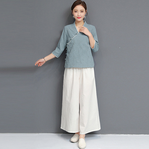 中式唐装棉麻上衣瑜伽服居士服套装中国风复古禅意女装茶服两件套
