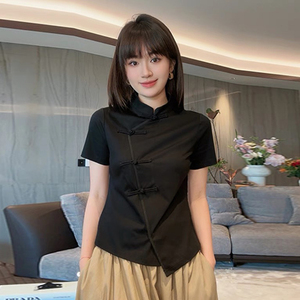 新中式改良旗袍国风盘扣短袖衬衫女正肩不规则设计感小众上衣夏季
