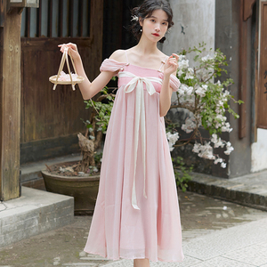 改良汉服夏款女夏天古风吊带裙日常夏装国风汉元素一字肩连衣裙