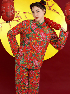东北大花布衣服冬季大花棉袄女睡衣村姑服装民族风套装搞笑伴娘服