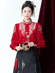 大码新中式新年红色上衣高级感重工刺绣立领对襟衬衫马面裙衬衣女