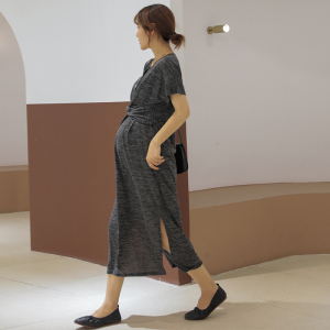 touch miss孕妇装春夏深灰色圆领系带显瘦高腰通勤长款气质连衣裙