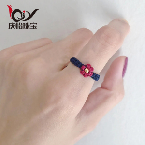 送你一朵小红花戒指转运珠黄金999足金小金珠本命年编织指环女