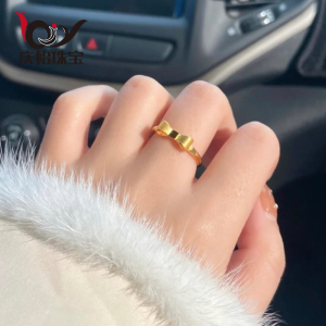 999足金蝴蝶结戒指黄金转运珠女士3d纯硬金求婚礼物素圈开口指环