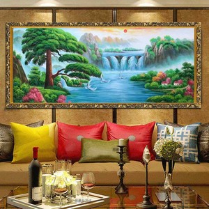 中式沙发客厅背景墙迎客松画 招财挂画办公室山水画 风水手绘油画