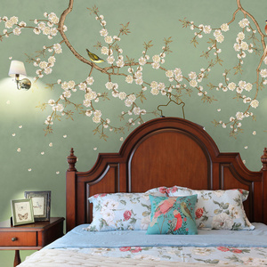 定制壁画贴纸壁纸自粘新中式手绘花鸟图客厅卧室梅电视背景墙墙纸