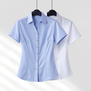 职业白衬衫女高级感短袖夏季2024新款工作服套装工装半袖蓝色衬衣