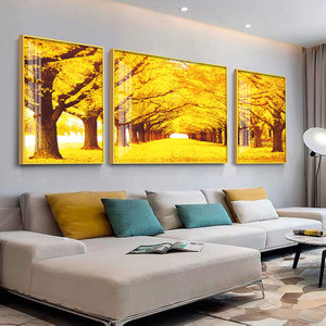 新中式客厅三联画沙发背景墙装饰画黄金满地招财挂画现代简约晶瓷
