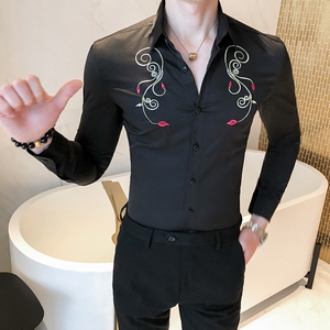 韩版男士修身型长袖衬衫衣服男模酒吧夜店理发店潮流帅气发型师秋