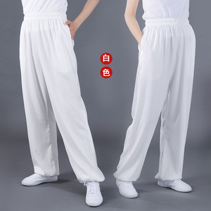 太极服裤女春夏练功弹力棉麻侧兜男宽松休闲武术训练表演灯笼长裤