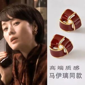 繁花玲子马伊璃同款耳环 马伊琍法式红色珐琅秋冬几何三角耳钉ins