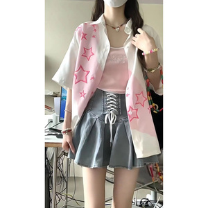 日本ZGP复古防晒休闲小众星星印花短袖衬衫女夏季设计感宽松衬衣
