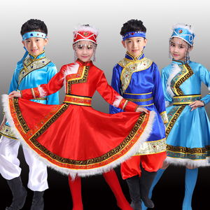 蒙古服族儿童蒙古舞演出服蒙古男女童蒙古袍蒙族白马舞蹈表演服装