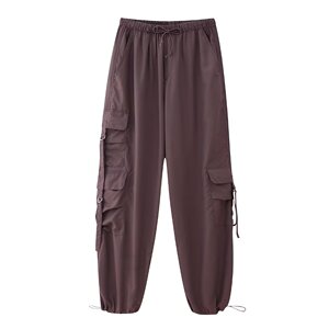 休闲工装裤 春秋新款松紧腰多口袋装饰收边纯色长裤女