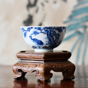 沐月山房青花釉里红灵芝松鹤直口杯100cc景德镇瓷器山屋沏它山