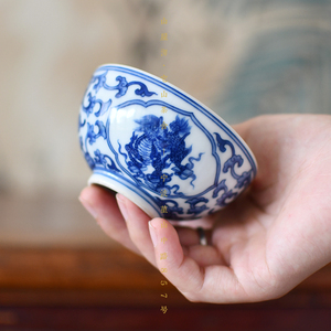 【柴窑】妙色缠枝麒麟纹茶碗8口4高80cc景德镇青花瓷山屋沏它山选