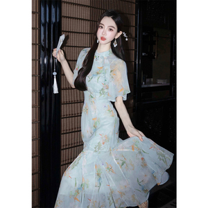 新中式旗袍改良年轻款少女气质高端国风蓝色印花鱼尾连衣裙子女夏