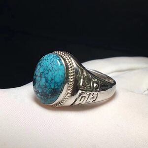 天然原矿乌兰花绿松石戒指男款 925银镶嵌复古乌兰花绿松石戒面