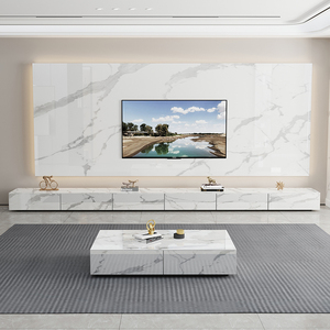 轻奢亮光岩板地台带抽屉现代简约定制茶几电视柜组合背景墙矮地柜