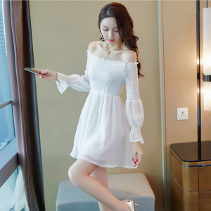 一字肩撞色拼接性感连衣裙小礼服气质女神范衣服夜店女装长款裙子