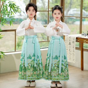六一儿童汉服演出服中国风男童幼儿园女童上春山舞蹈绿色表演服装
