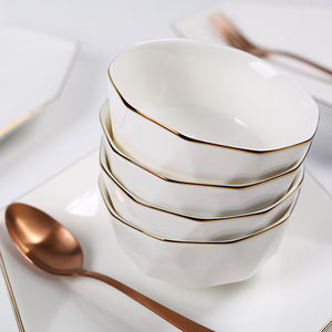 网红新骨瓷饭碗菜盘钻石家用六边形陶瓷金边简约10个精致甜品拼盘