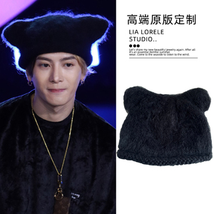 王嘉尔同款黑色小熊耳朵帽子可爱手工针织帽马海毛帽子保暖冬季新