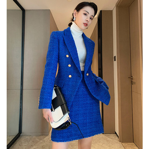 yimu蓝色小香风秋季套装名媛格子粗花尼时尚气质双排扣西装女上衣