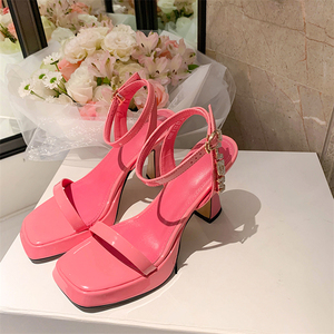 浪漫不渝~ 嗲玫粉色牛漆皮网红一字带超高跟鞋舒服显腿长名媛凉鞋