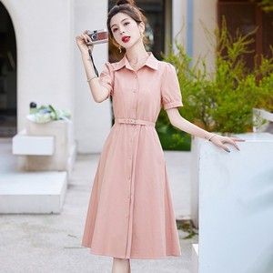 法式粉色短袖连衣裙女夏季2024新款小个子高级收腰棉质a字衬衫裙