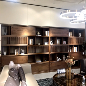 全屋定制黑胡桃全实木书柜整体满面墙落地组合书橱带玻璃门大书架
