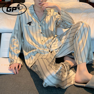 日本gp冰丝睡衣男春秋长袖薄款2022年新款青年丝绸休闲家居服套装